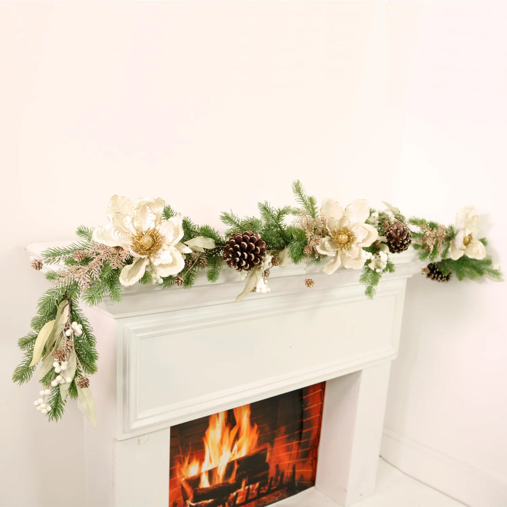 Cream magnolia & cone glitter garland - 180cm