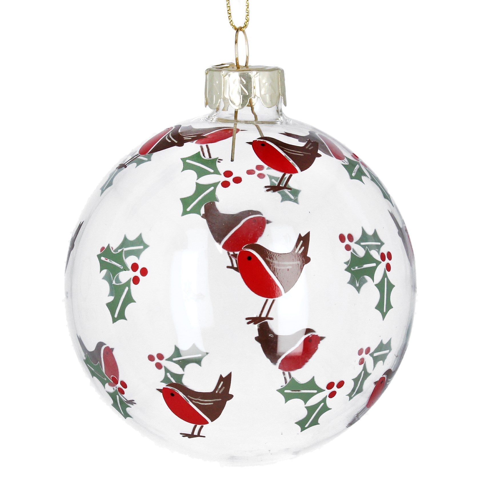 Clear glass robins/holly bauble