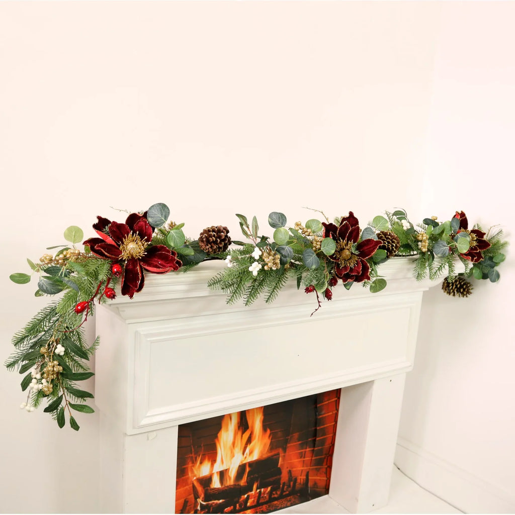 Burgundy magnolia & glitter berry garland