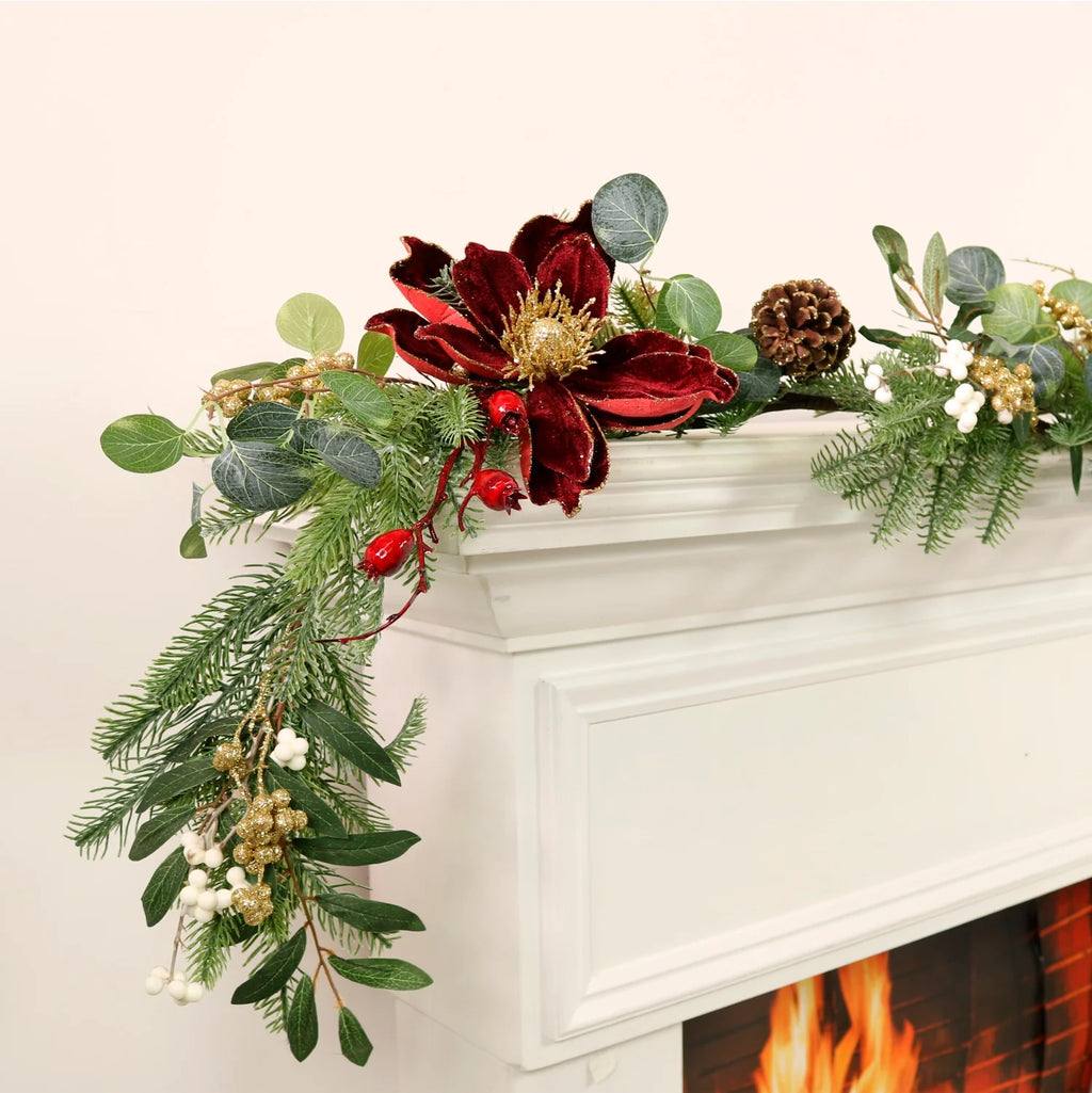 Burgundy magnolia & glitter berry garland