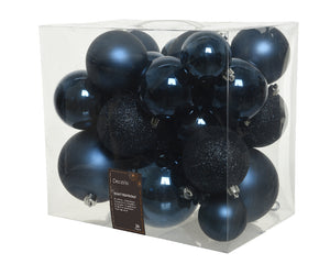 Box of 26 dark blue shatterproof baubles