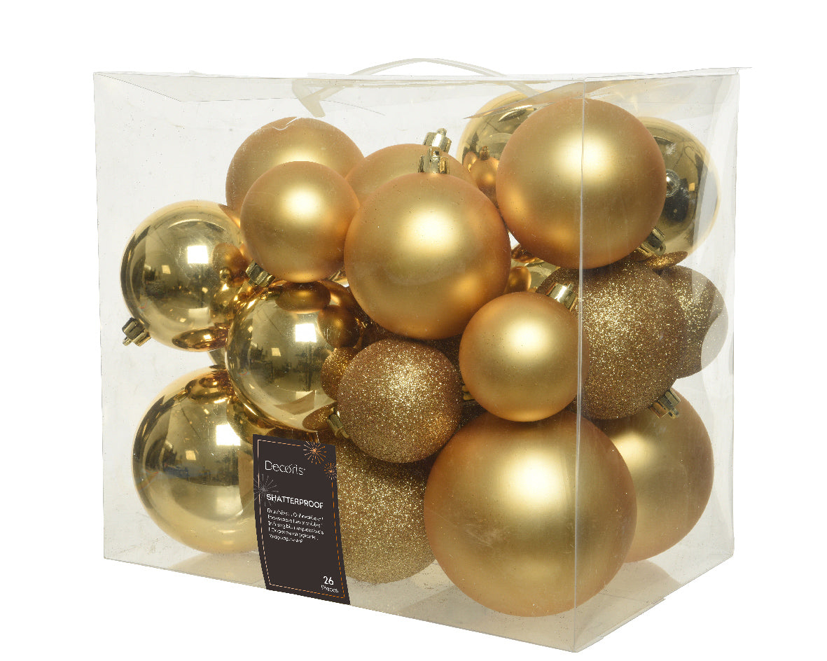 Box of 26 light gold shatterproof baubles