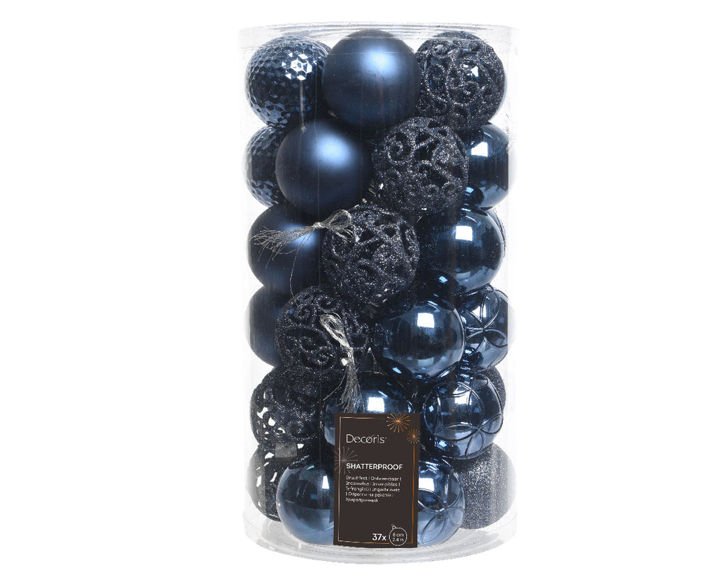 Shatterproof dark blue Matt shiny & glitter bauble mix