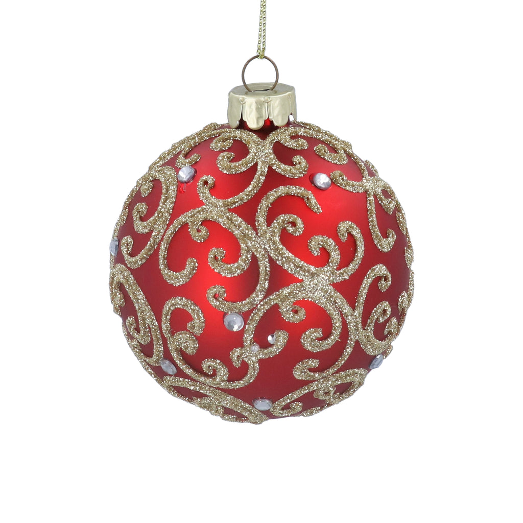 Bejewelled red bauble with gold filigree finish