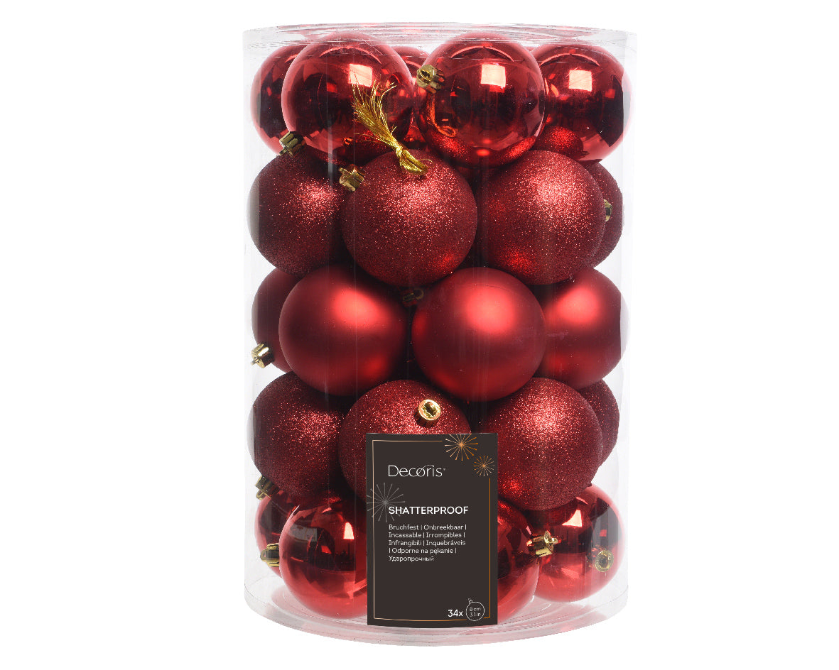 Box of 34 Christmas red shatterproof baubles