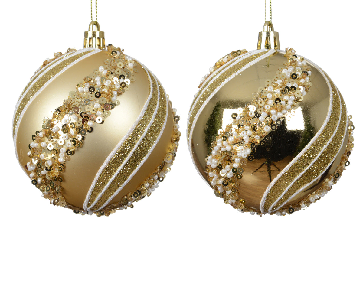 Gold and white swirly beaded shatterproof bauble