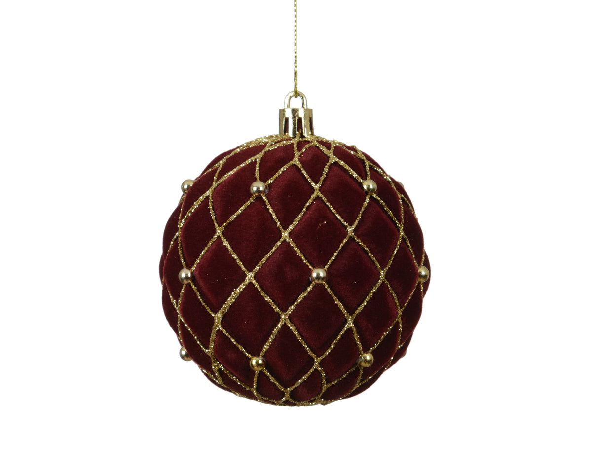 Burgundy shatterproof bauble with gold detail and beads