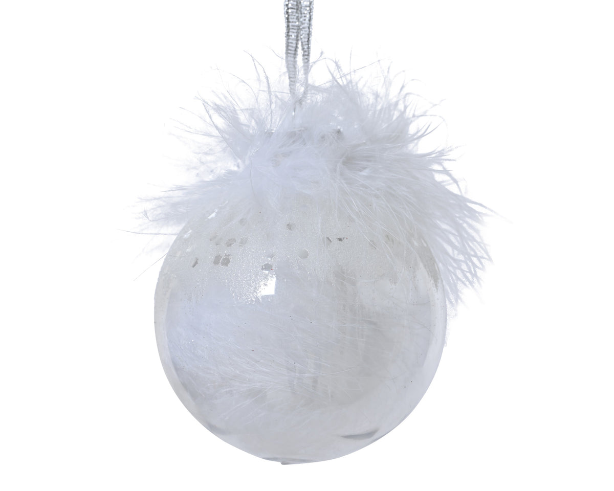 White shimmer shatterproof bauble with feathers