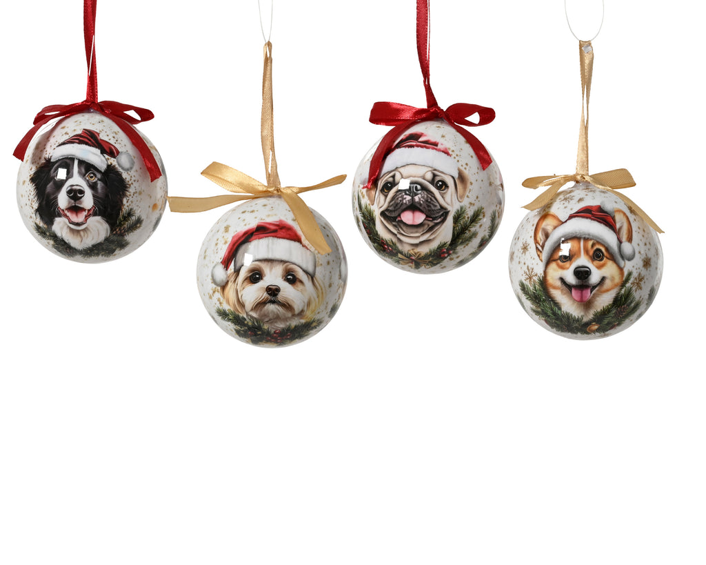 Festive dogs with santa hats and ribbon shatterproof bauble
