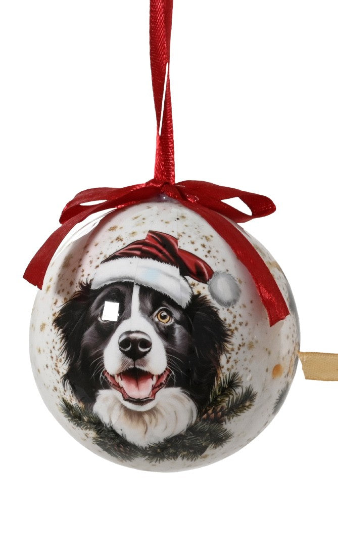 Festive dogs with santa hats and ribbon shatterproof bauble