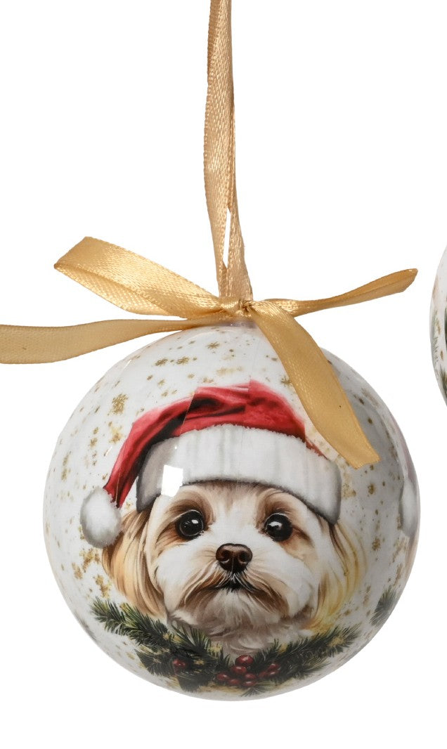 Festive dogs with santa hats and ribbon shatterproof bauble