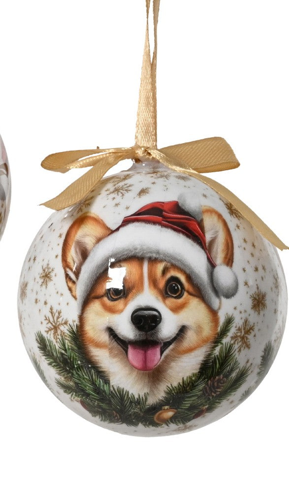 Festive dogs with santa hats and ribbon shatterproof bauble