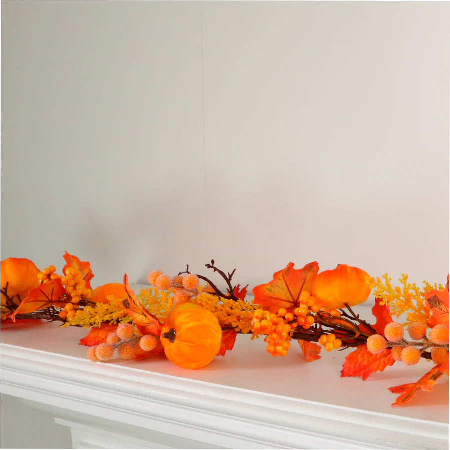 Orange velvet pumpkin and berry Autumn garland 178cm