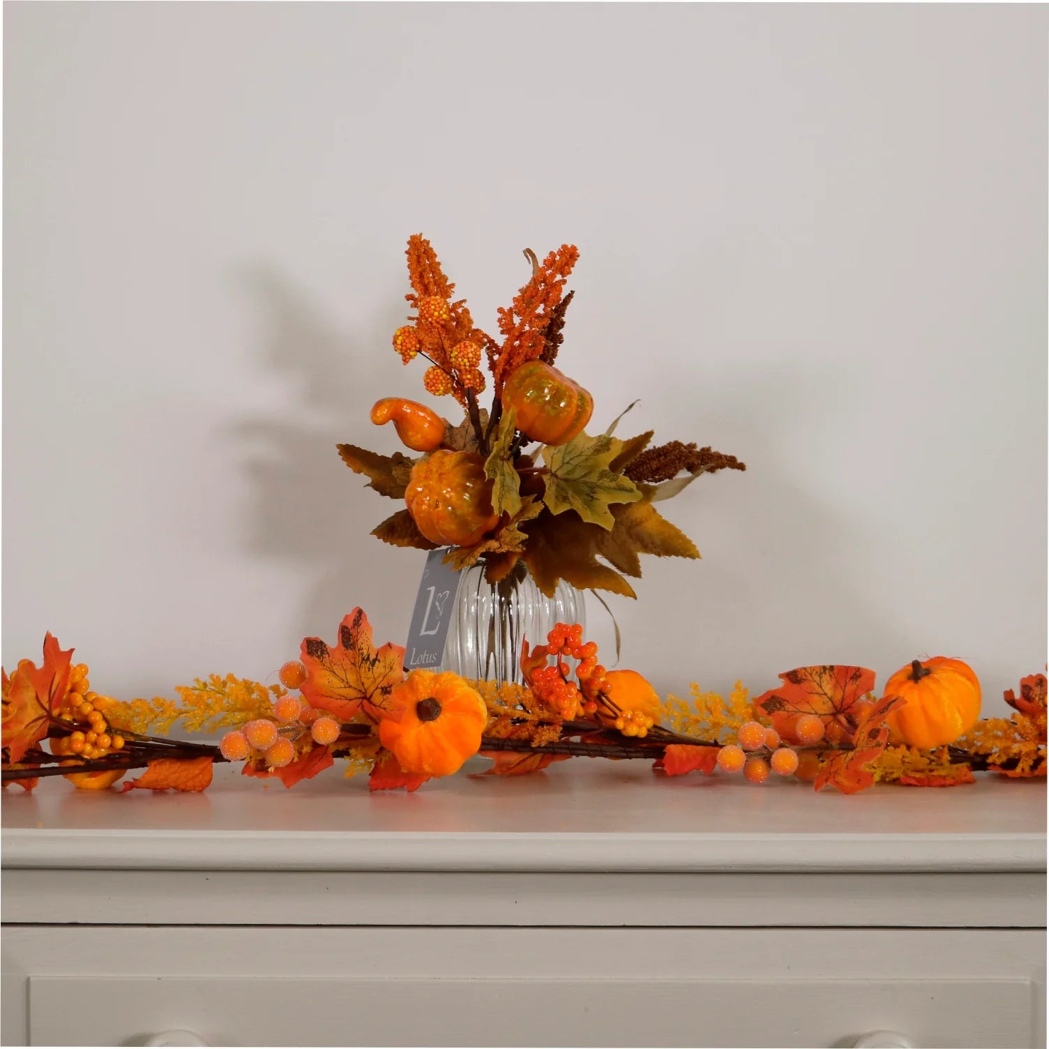 Orange velvet pumpkin and berry Autumn garland 178cm