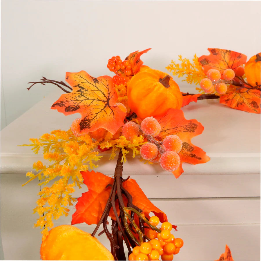 Orange velvet pumpkin and berry Autumn garland 178cm