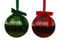 Christmas red/green glitter ribbed oversized glass baubles with velvet bow