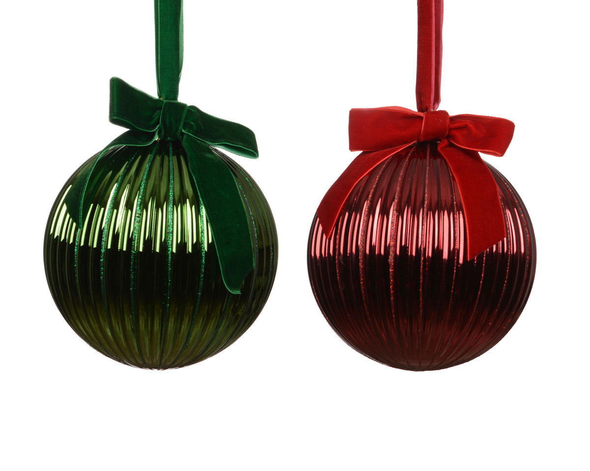 Christmas red/green glitter ribbed oversized glass baubles with velvet bow