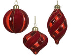 Christmas red flocked striped glass baubles