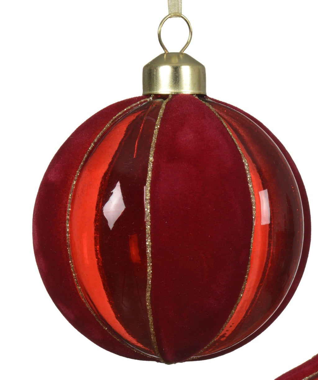 Christmas red flocked striped glass baubles