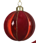 Christmas red flocked striped glass baubles