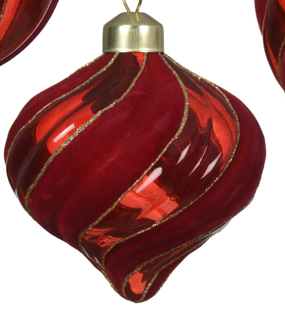 Christmas red flocked striped glass baubles