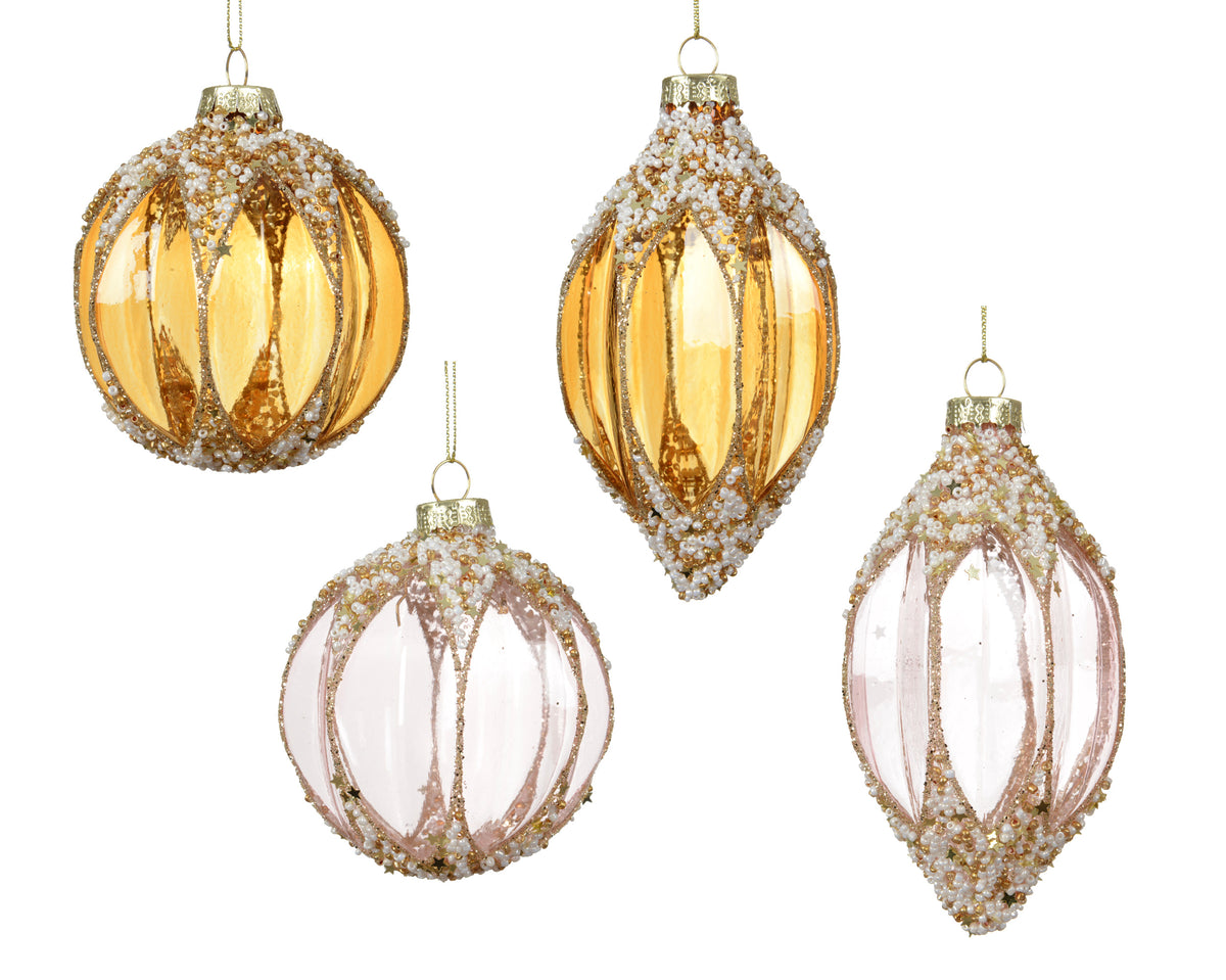 Amber/pink beaded glass baubles