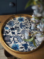 Blue and cream floral print tray with gold rim