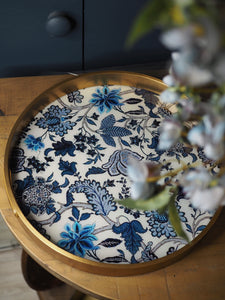 Blue and cream floral print tray with gold rim