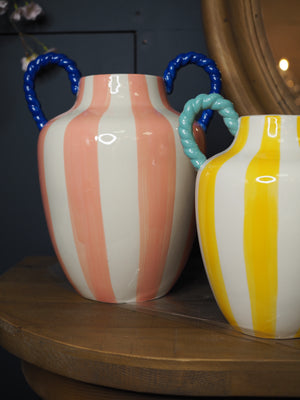 Pink & white stripe glossy vase with blue rope handle