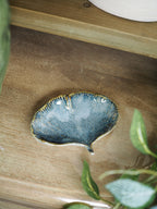 Blue reactive stoneware gingko trinket dish
