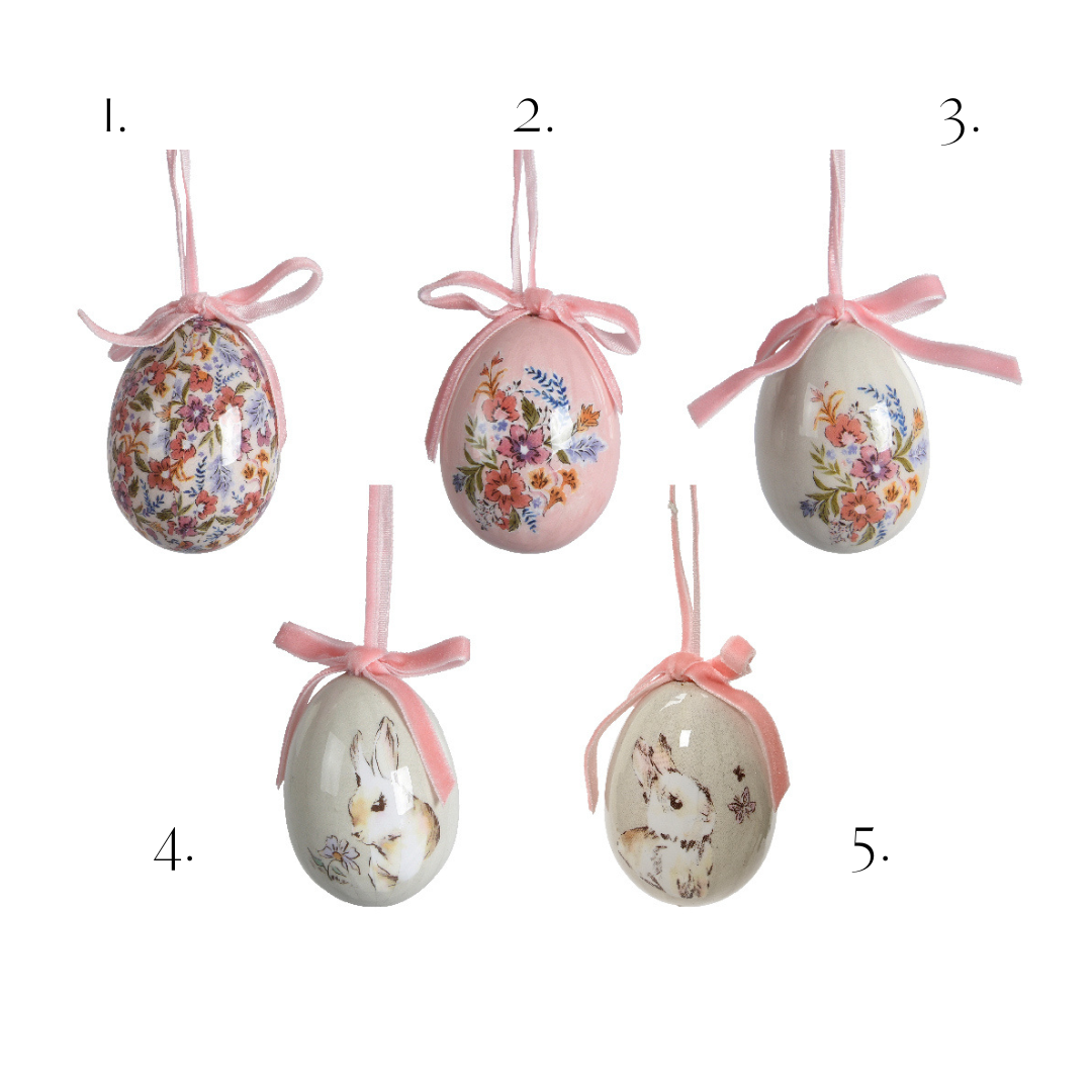 Shatterproof egg hanging dec with pink bow (5 styles)