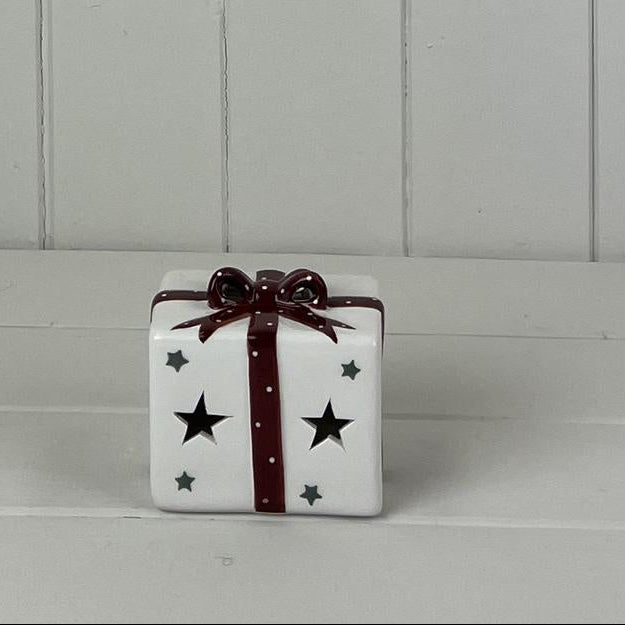 White ceramic LED present with burgundy bow