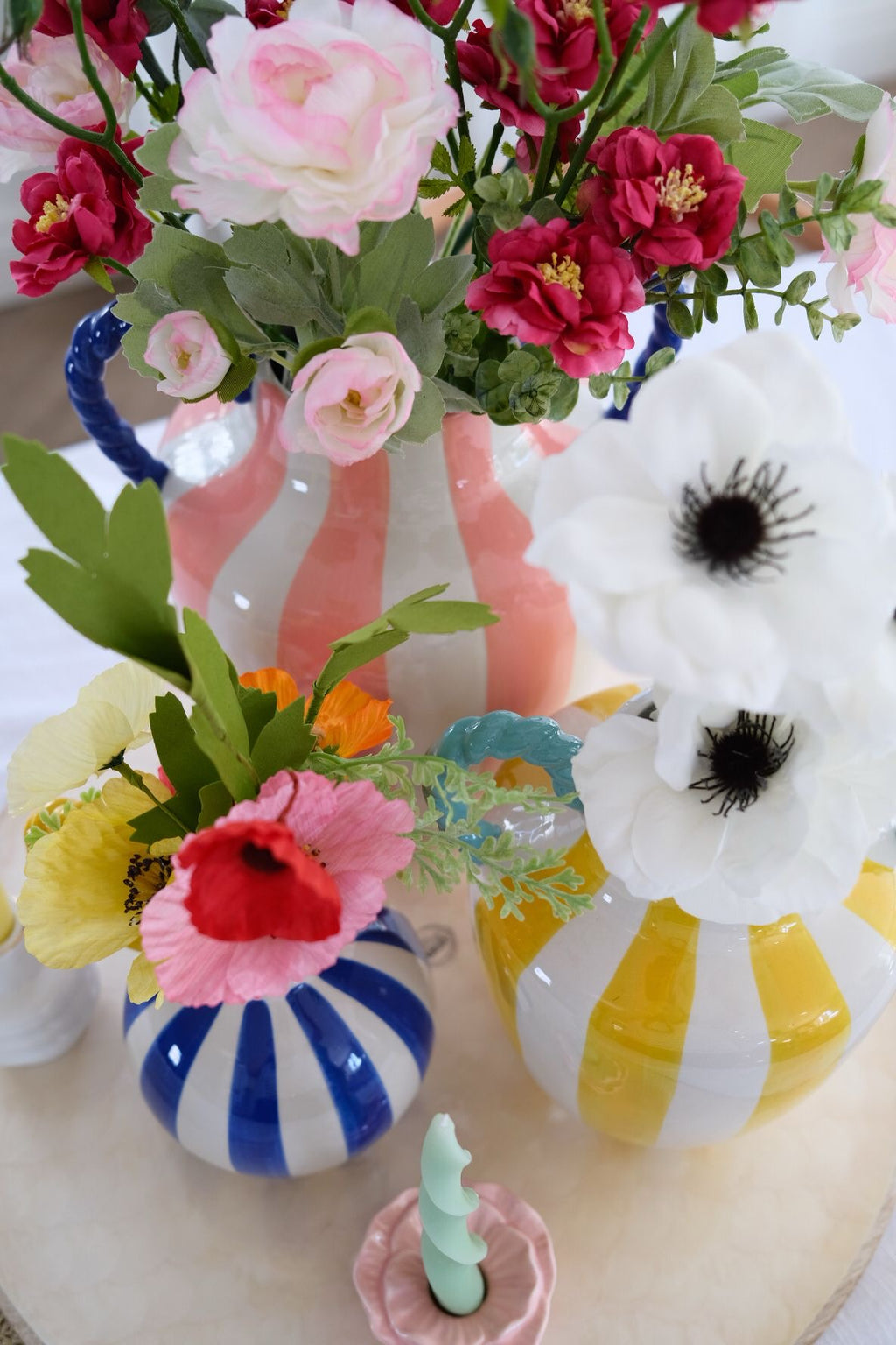 Blue & white stripe vase with yellow rope handle