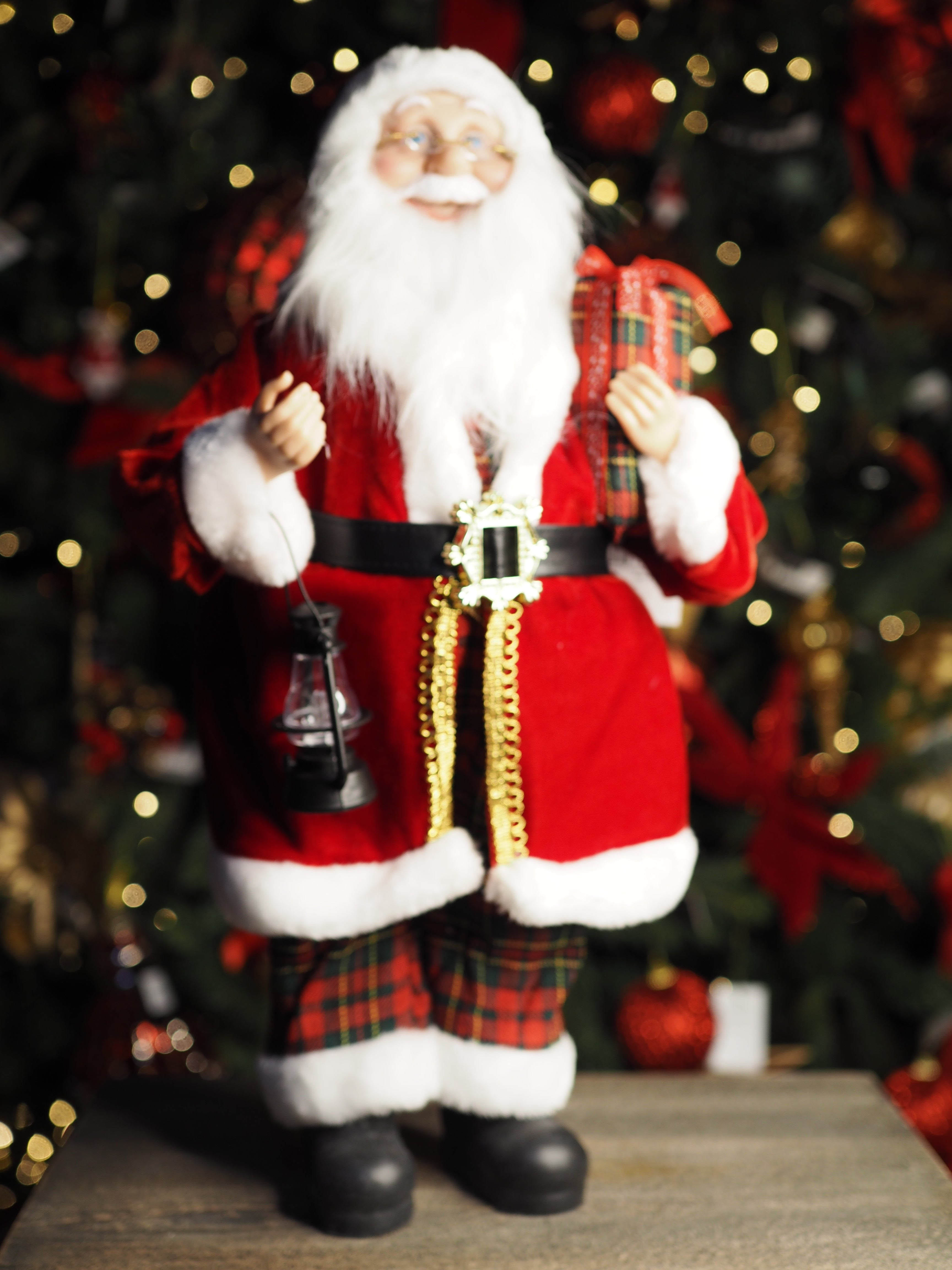 Santa with Plaid Hat and Present