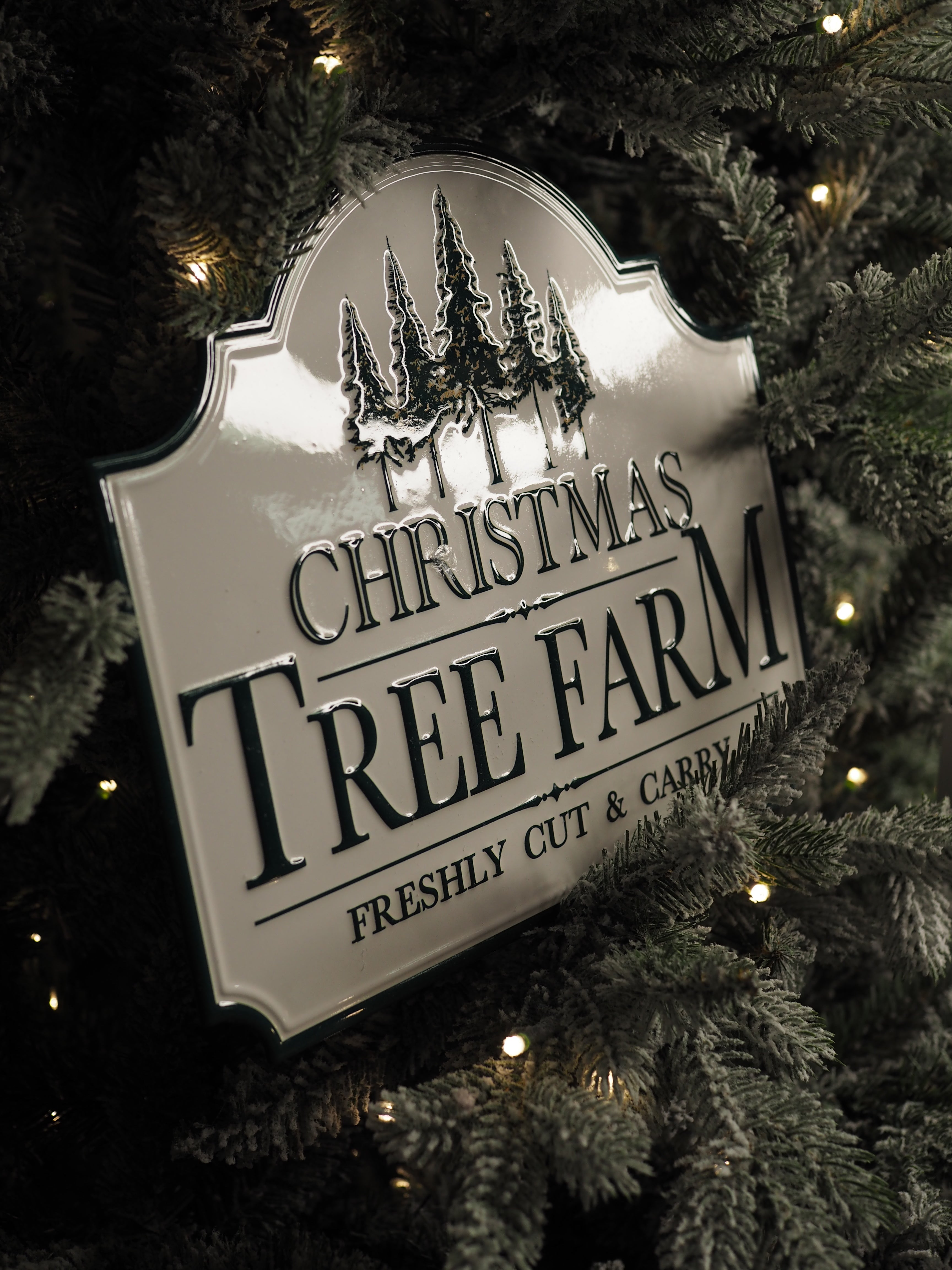White Christmas tree farm metal sign