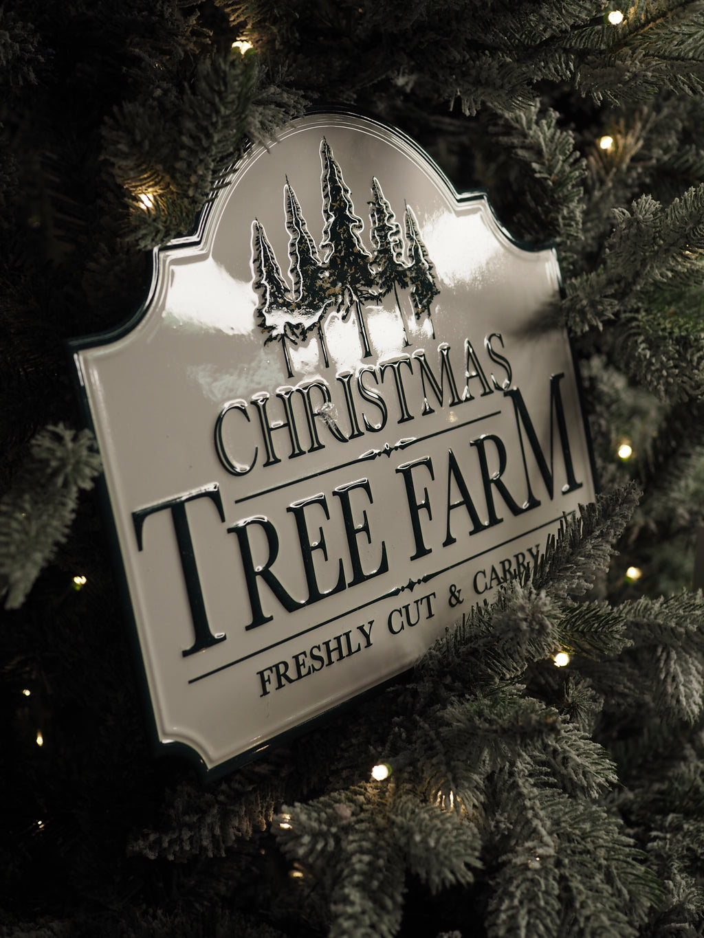 White Christmas tree farm metal sign