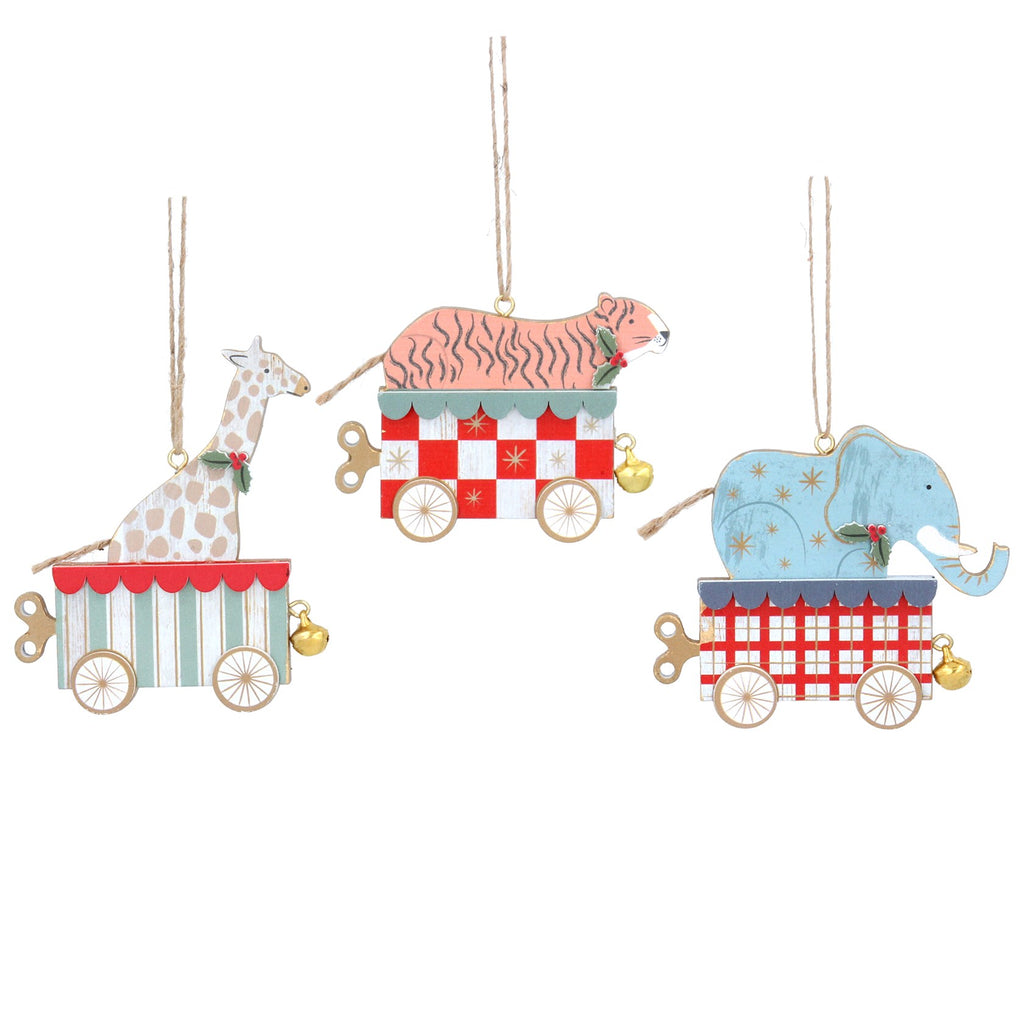 Wooden festive circus animals hanging dec