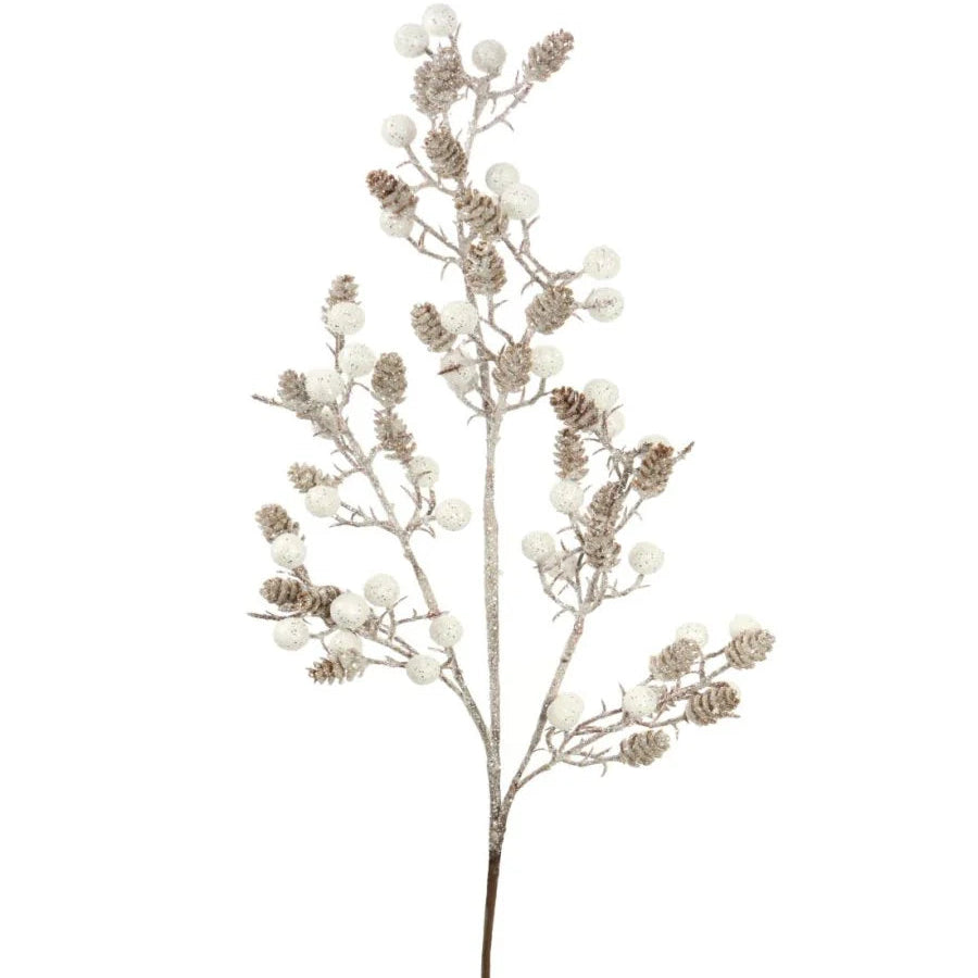 Christmas white berry stem with pinecones