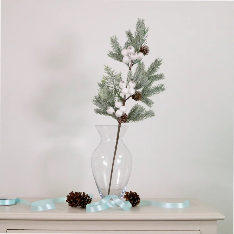 Frosted white berry & pine cone pick
