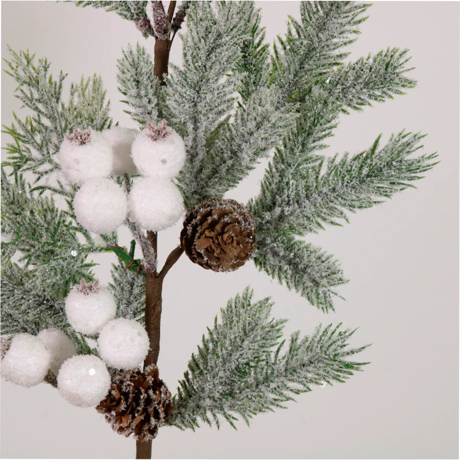 Frosted white berry & pine cone pick