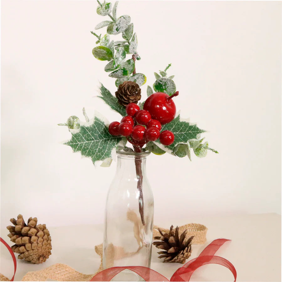 Festive pick with red berries and frosted eucalyptus