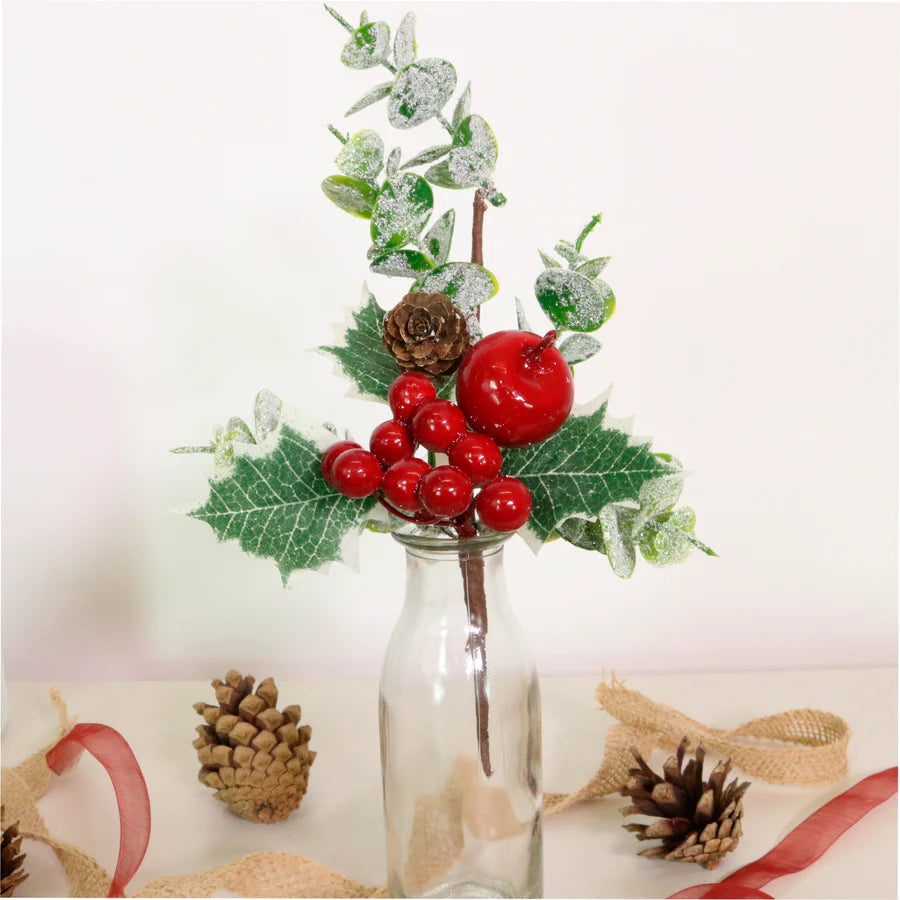 Festive pick with red berries and frosted eucalyptus