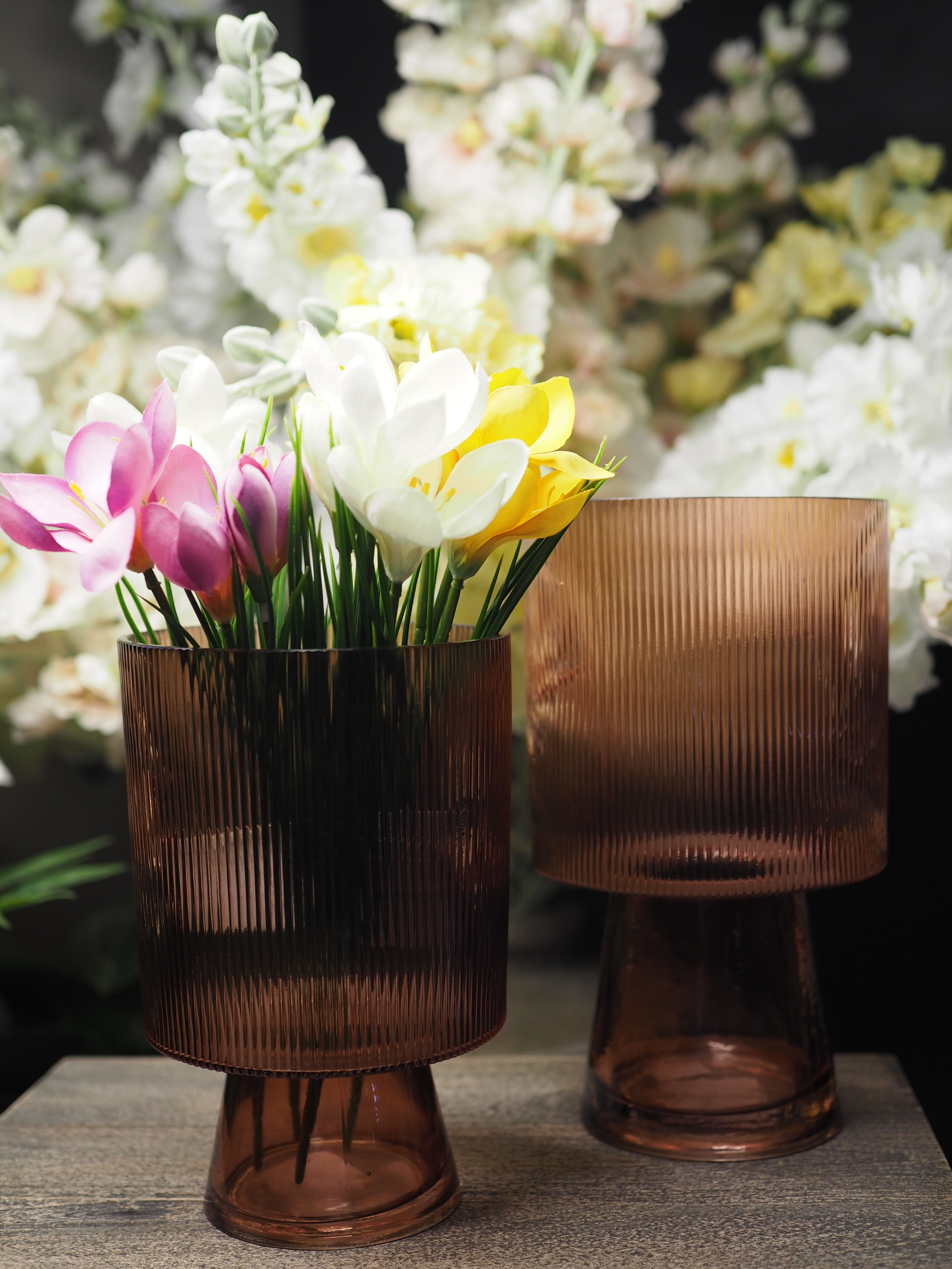 Pink ribbed glass vases (2 sizes)