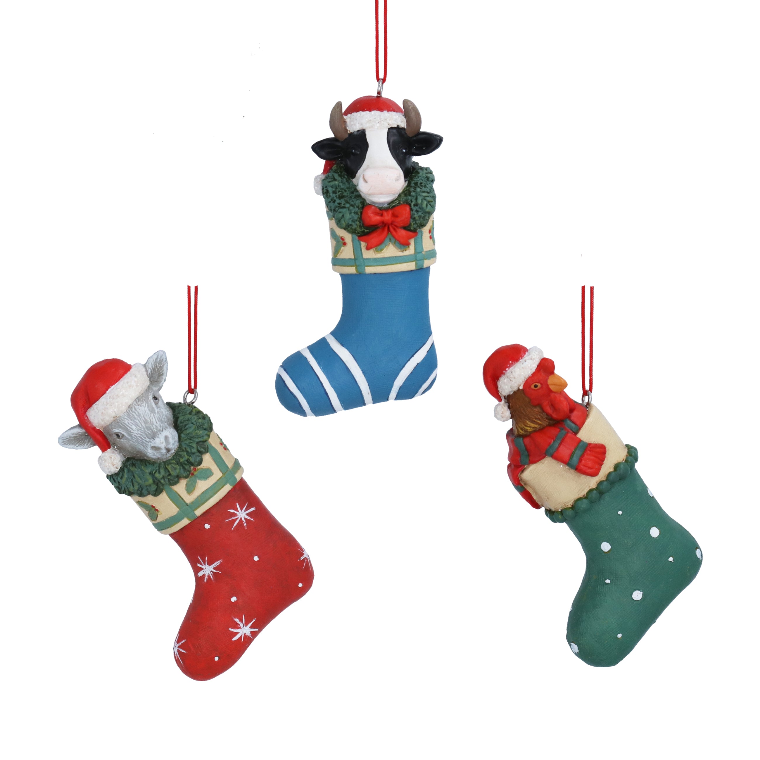 Stockings with farm animal hanging decorations