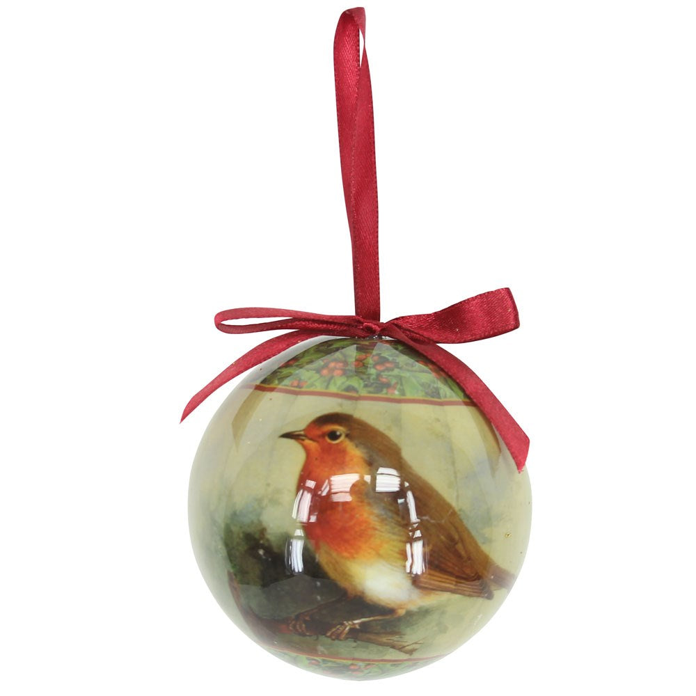 Vintage style robin bauble with red ribbon