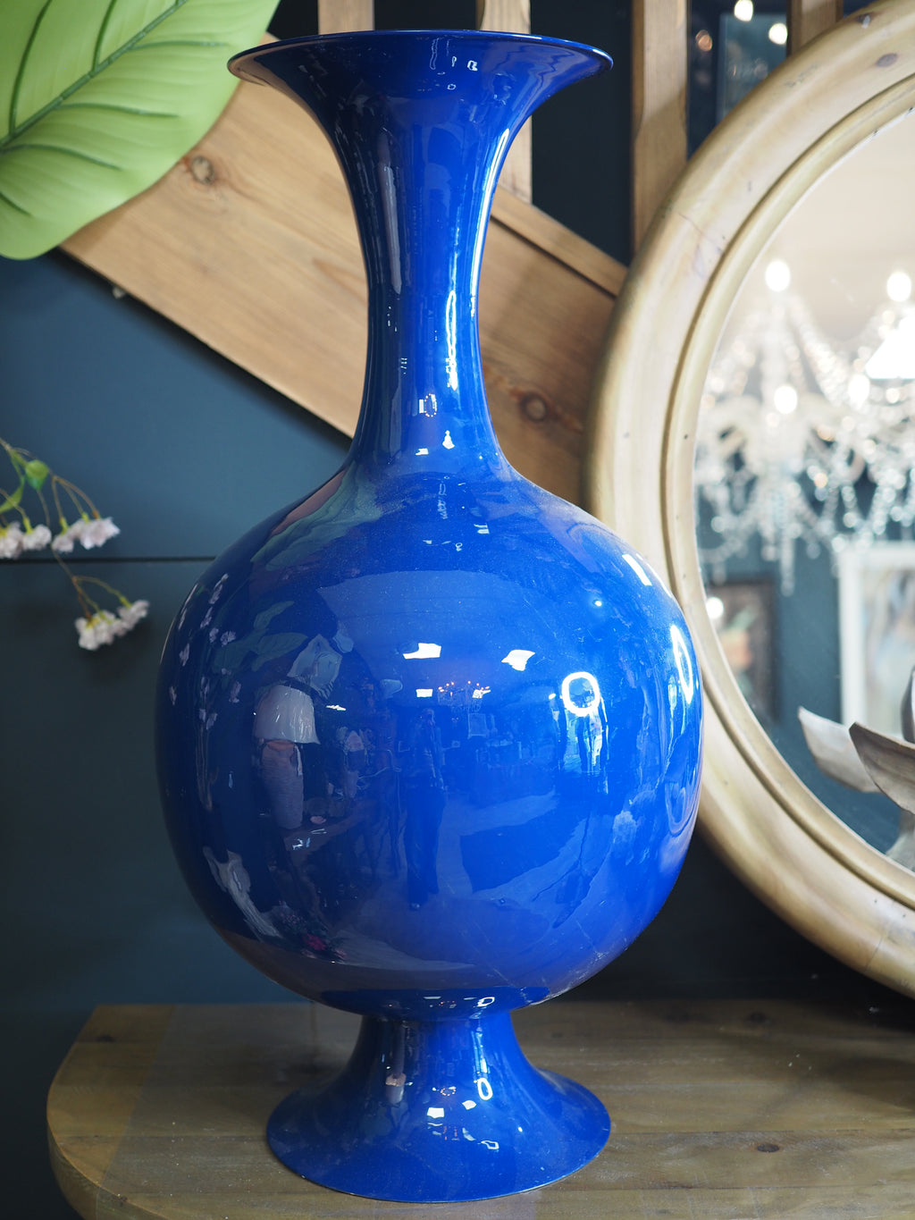 Tall navy enamel vase