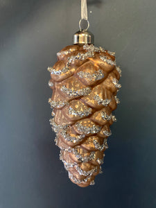 Glittery pinecone glass hanging decoration