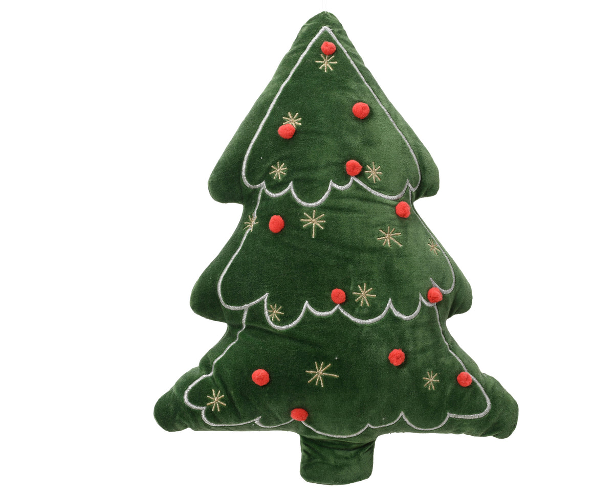 Christmas tree cushion with pom pom baubles