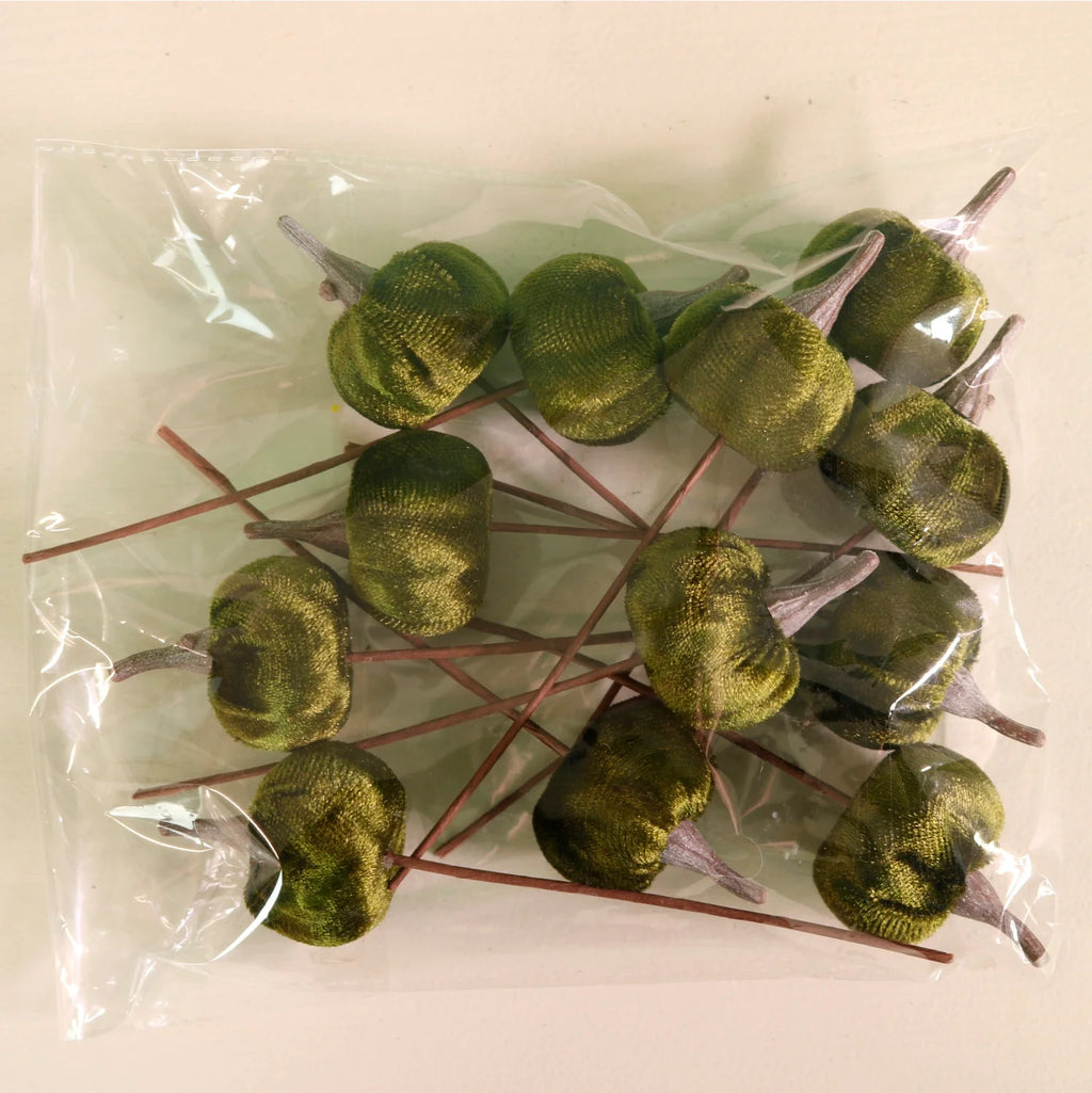 Mini velvet dark green velvet pumpkin picks - 3cm