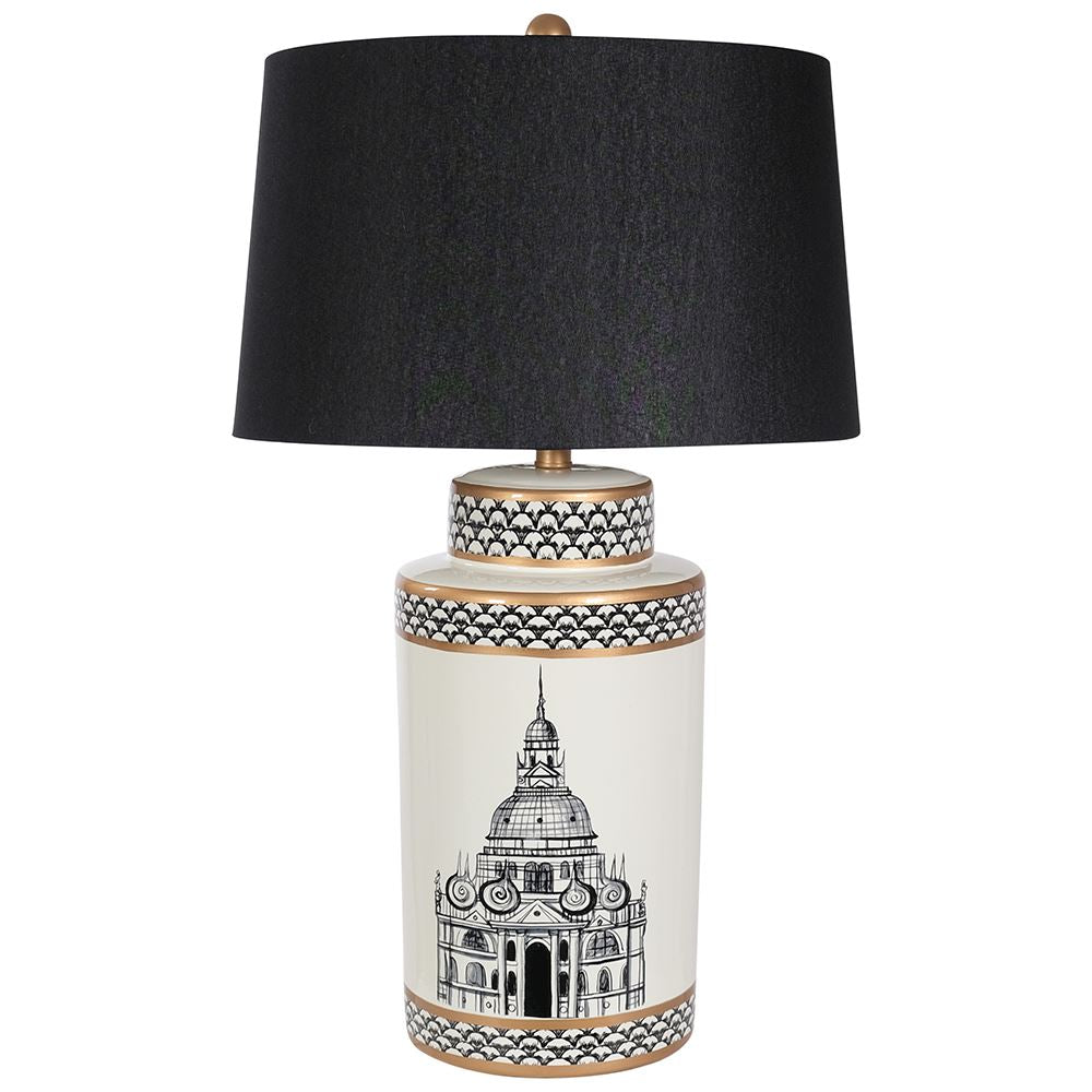 Black and white ceramic table lamp with black shade